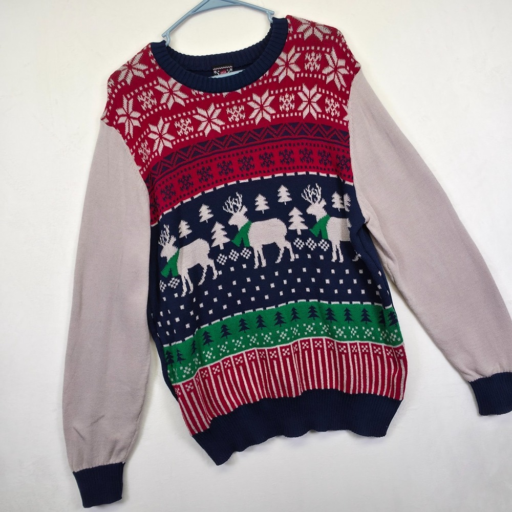 Ugly Christmas Sweater Men L Blue Red Snowflake Fair Isle Reindeer Holiday Party